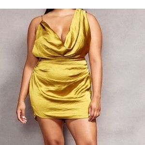 Prettylittlething x Naomi Campbell satin chartreuse cowl neck bodycon dress